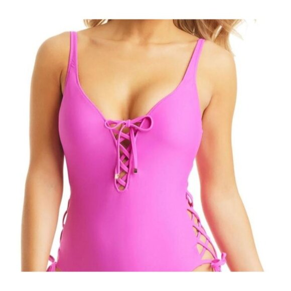 Bar Iii XL One-Piece Swimsuit Lace-up Corset Bathing Suit Core Solid Swimwear - Picture 3 of 5
